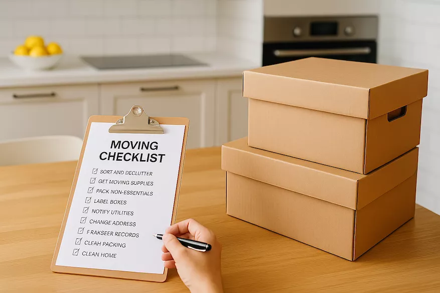 “Checklista och flyttlådor på köksbord – symboliserar praktiska förberedelser och planering inför den sista dagen före flytt för en smidig och stressfri flyttdag”